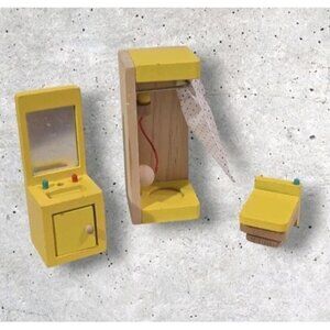 Pidoko Kids Wooden Dollhouse Bathroom Shower Toilet Sink Mirror Mini Set Of 3